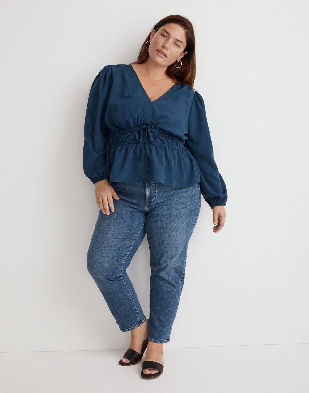 NEW Madewell Plus Seersucker V-Neck Peplum Top Blue XL